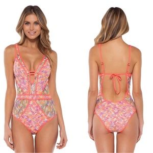 NWOT💝BECCA Virtue Reveal Crochet Plunge One-Piece Coral Crush Size M